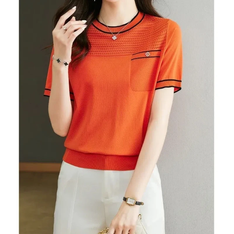 Ice Silk Short Sleeve T-shirt for Women in Summer New Thin Hollow Out Solid All-match Office Tops Tees Elegant Fashion Clothing