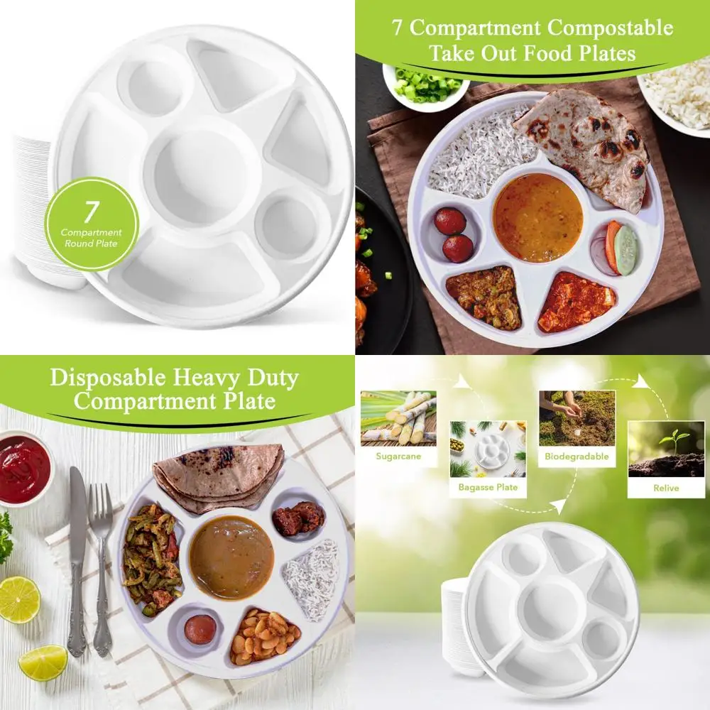 

Eco-Friendly Natural Disposable Bagasse Plates, Heavy-Duty, Super Strong, 200 Count, 7-Compartment Base Round Plate