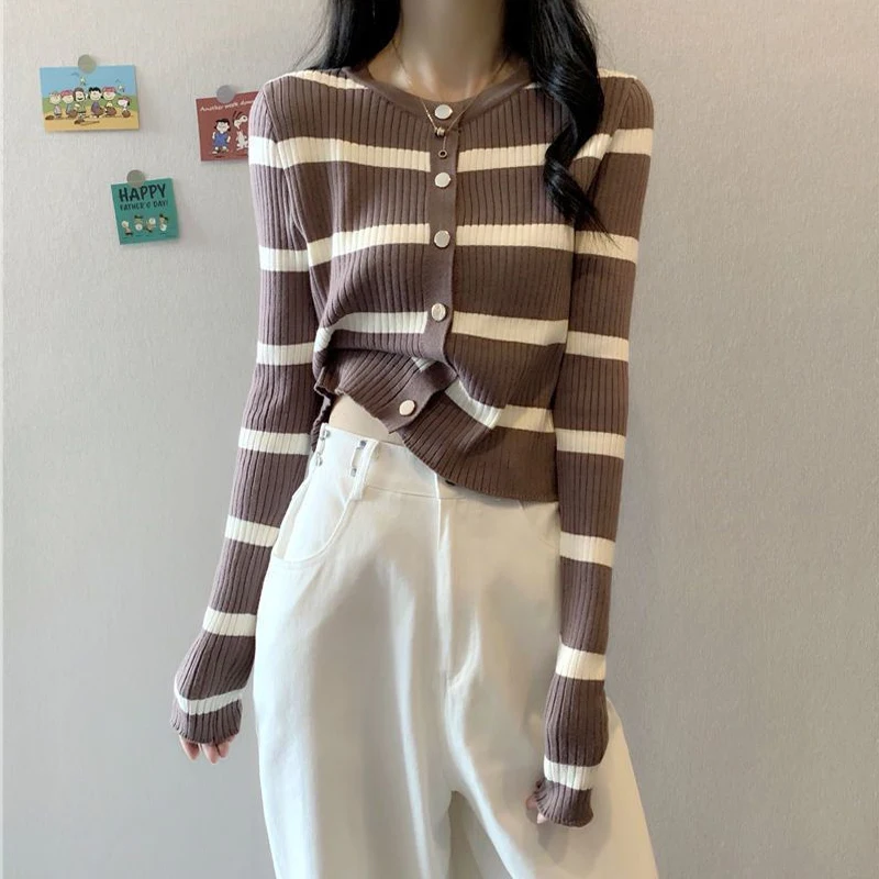 Striped Cardigan For Women 2023 Korean Sweater O Neck Long Sleeve Knit Cardigan High Street Top Coat Slim Tricot Y2K Outerwear