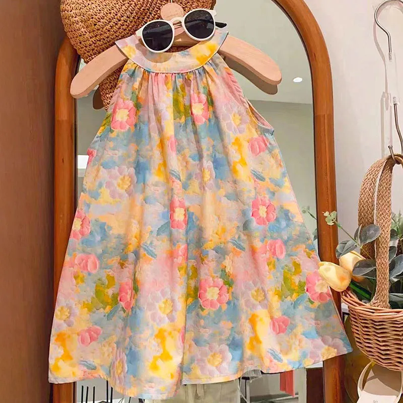 

Girls Casual Dresses Going Out Oil Painting Sleeveless Vest Skirt Back Hollowing Dresses For Girls Flowers Beach Birthday Party