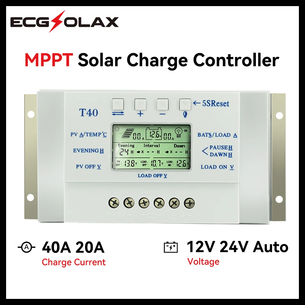 ECGSOLAX MPPT 40A 20A Solar Charge Controller 12V 24V Auto LCD Display PV Regulator Dual Timer Control for Solar Lighting System