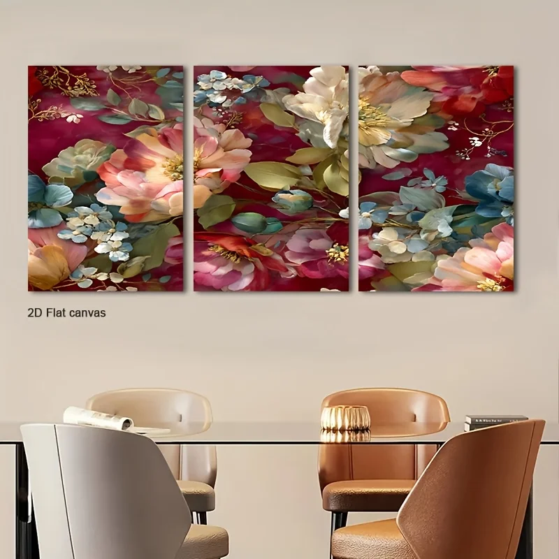 Frameless canvas 3pcs Crimson Gilded Bloom  Wall Art - Elegant & Canvas Paintings, Wrapped Canvas Frames,  Suitable For, Bedr