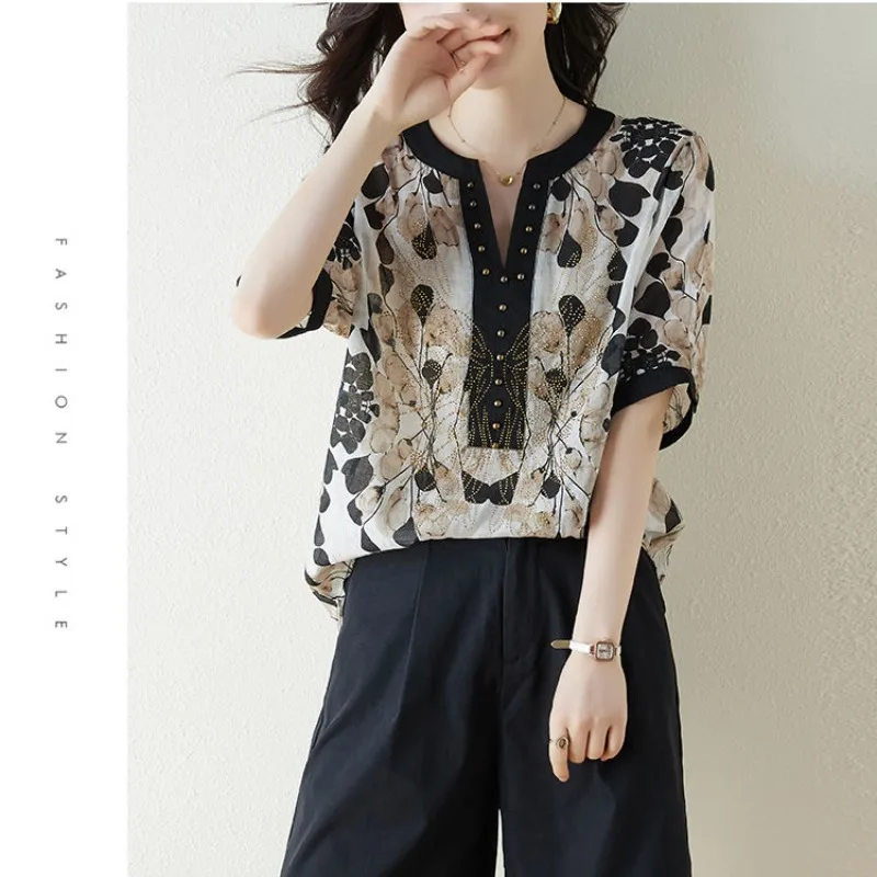 Temperament Printed Summer Short Sleeved Women\'s V-neck Diamonds Patchwork Elegant Versatile Mid Length Loose Fitting Shirt Tops