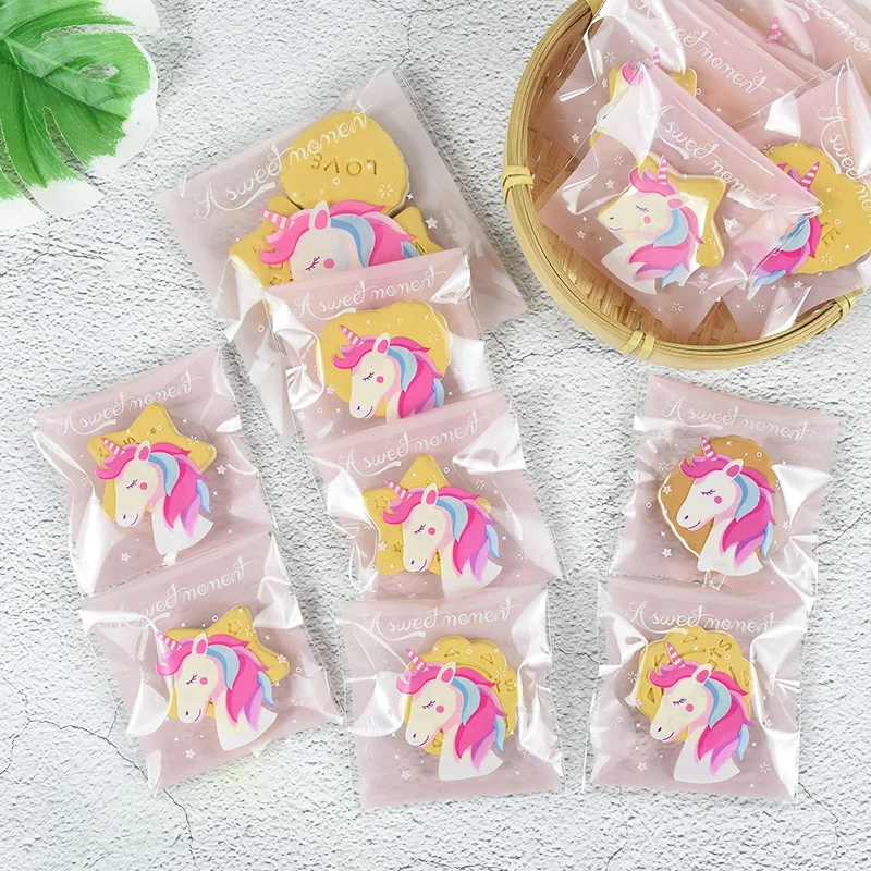 100Pcs 7x7cm/10x10cm  Unicorn Plastic Cookie Biscuits Candy Gift Packaging Bags for Kids Girl Birthday Party Baby Shower Pouch