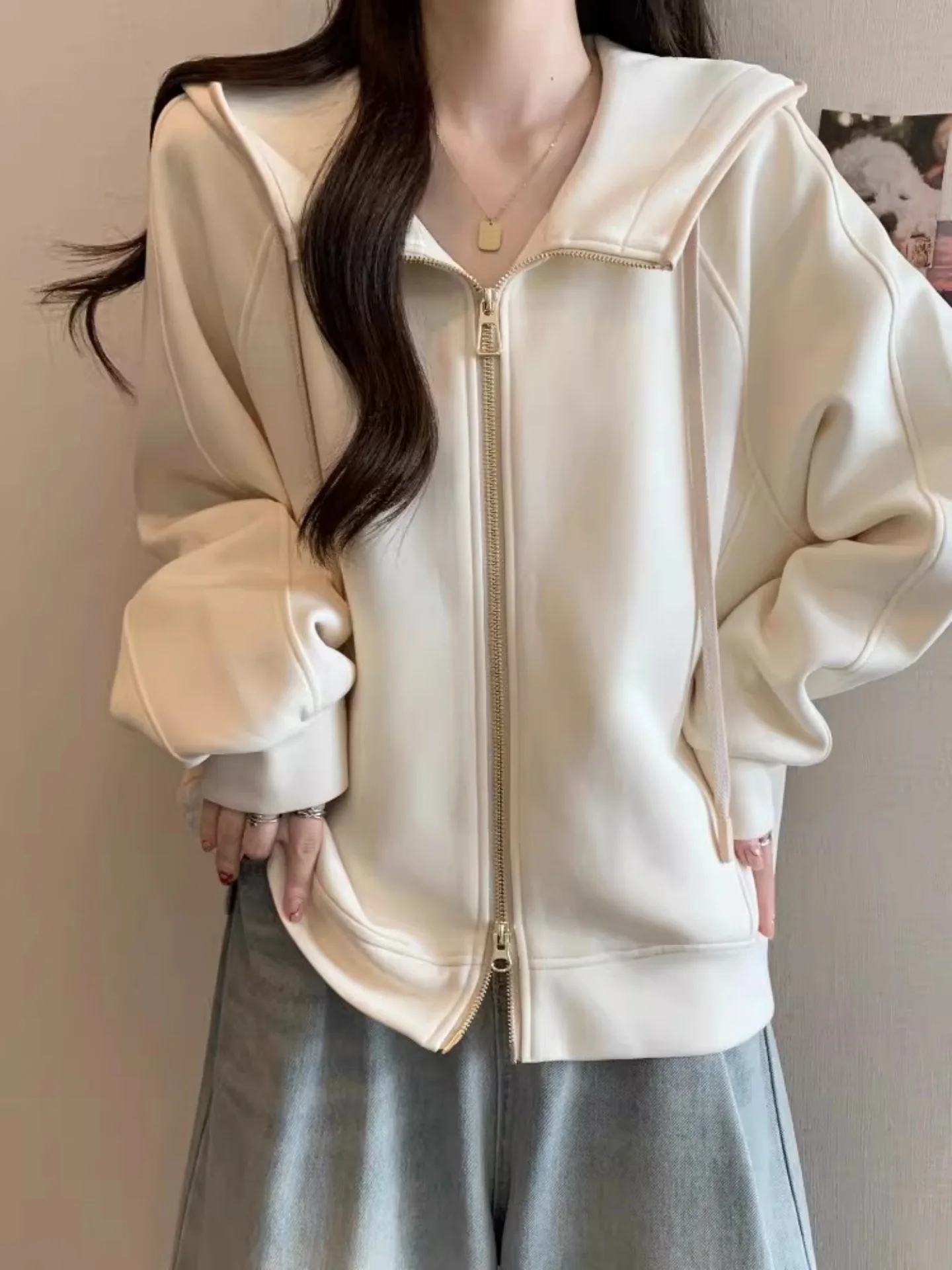 

Double Zipper Long Sve Hoodie Light Tawny Women's Casual Top Large Size Spring 2026 Comfortable Slimming Loose Fit