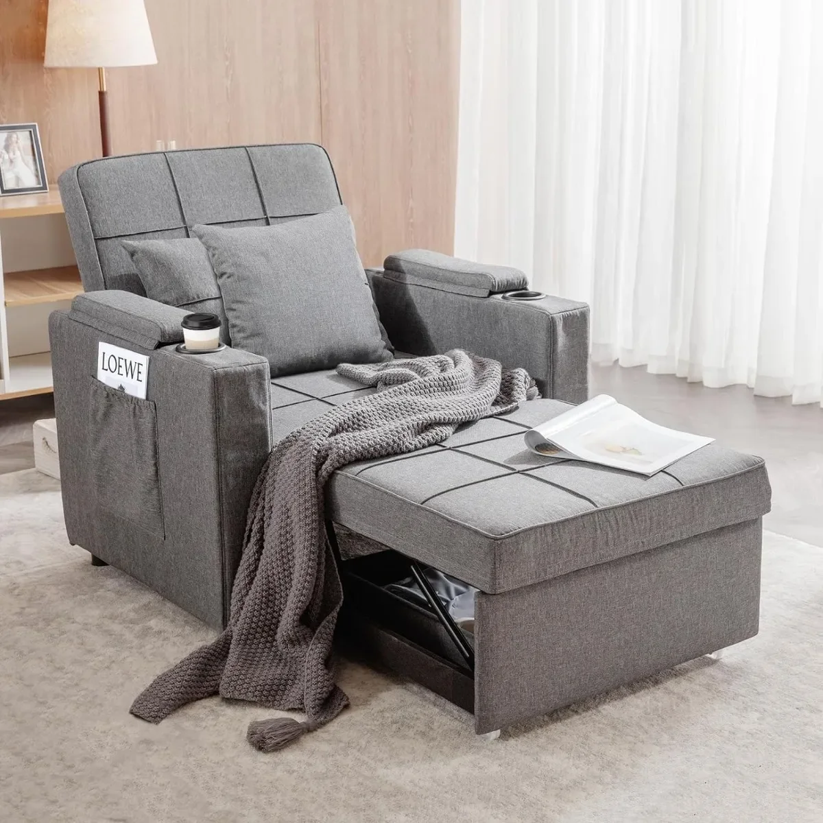 

Recliner sofa, Armchair Cup Holders, 3-in-1 Single Convertible, Futon Chair Side Pocket, Pull Out Sleeper Bed for Living Room