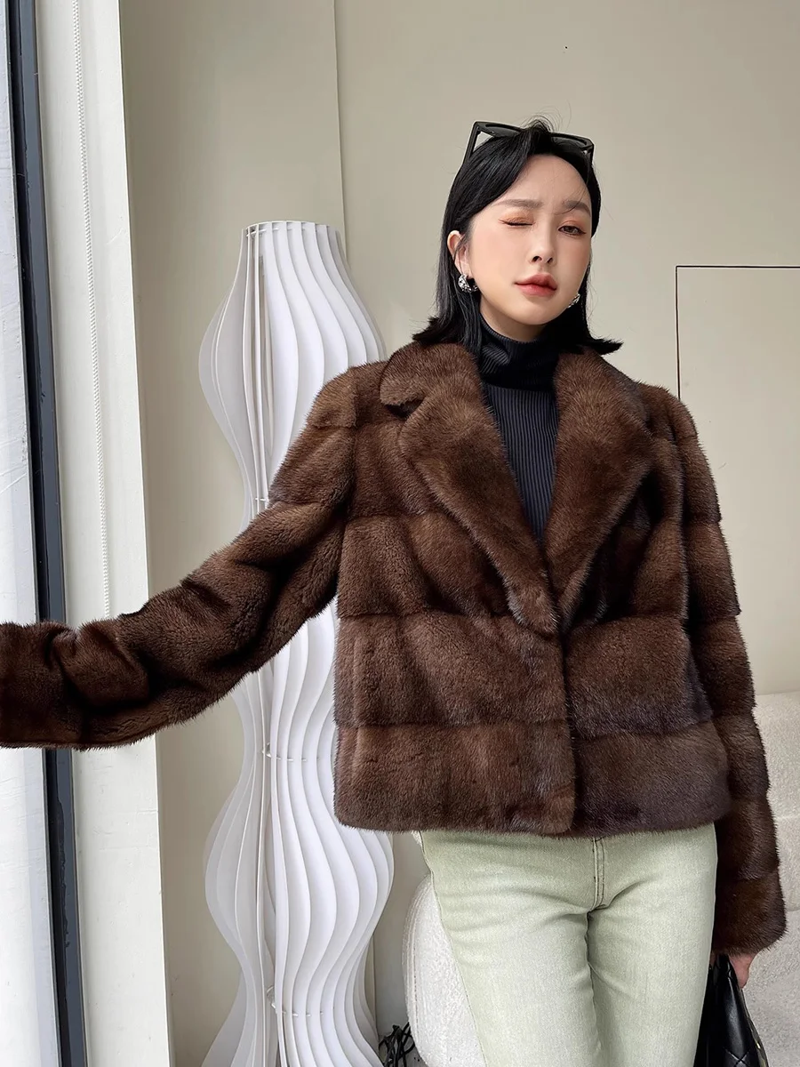 HDHOHR 2025 신상 100% 리얼 밍크 퍼 코트 여성 패션 필수템 천연 밍크 코트 따뜻한 숏 가죽 아우터 겨울 퍼 재킷