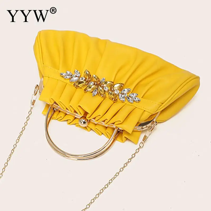 PU Leather Pleated Clutch Handbag Crystal Rhinestone Silk Tote Bag Top Handle Women\'s Diamond Wedding Party Bags Shoulder Purse