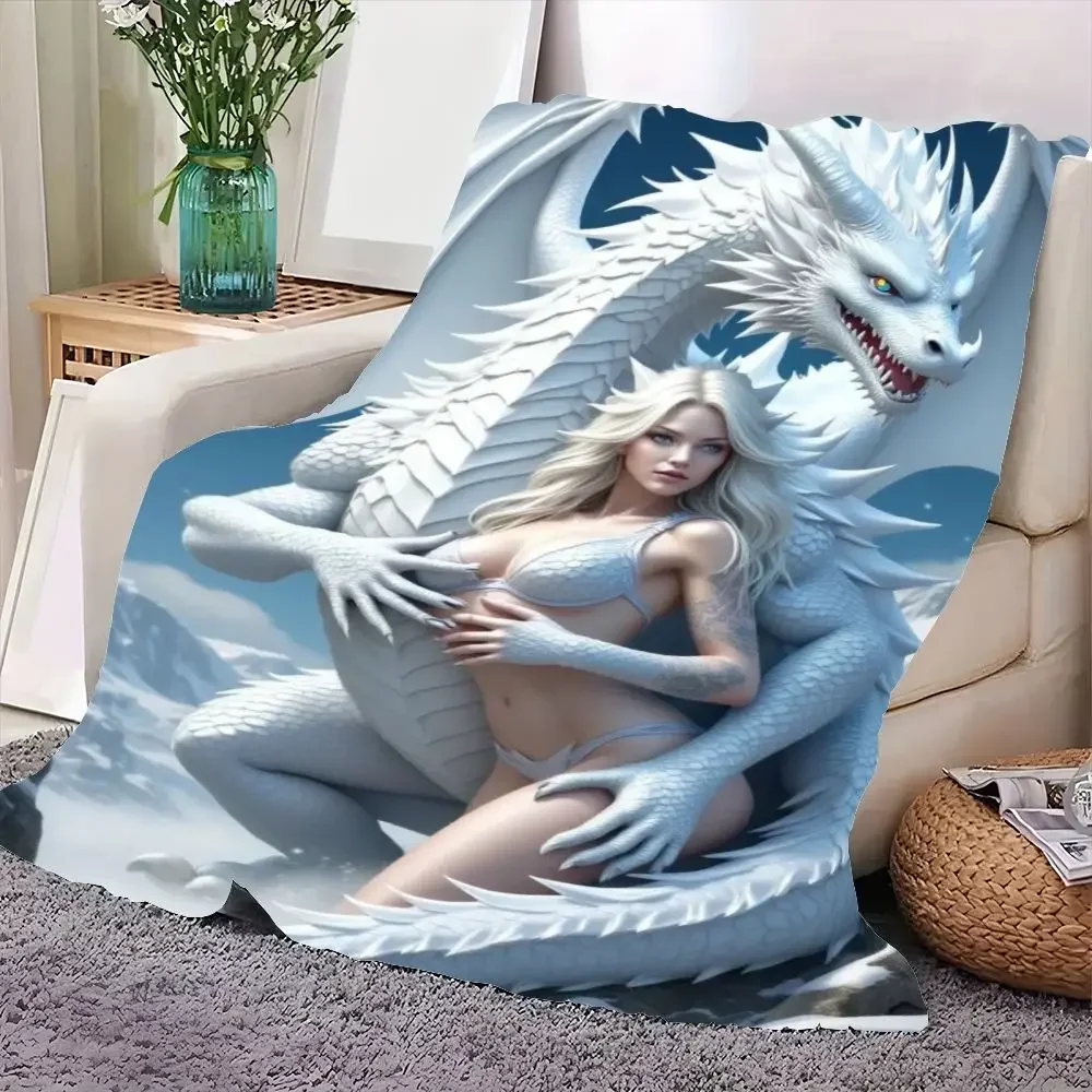 Majestic White Dragon Fantasy Blanket - Snowy Mountains and Serpentine Guardian Scene, Soft Cozy Throw for Fantasy Lovers - Perf