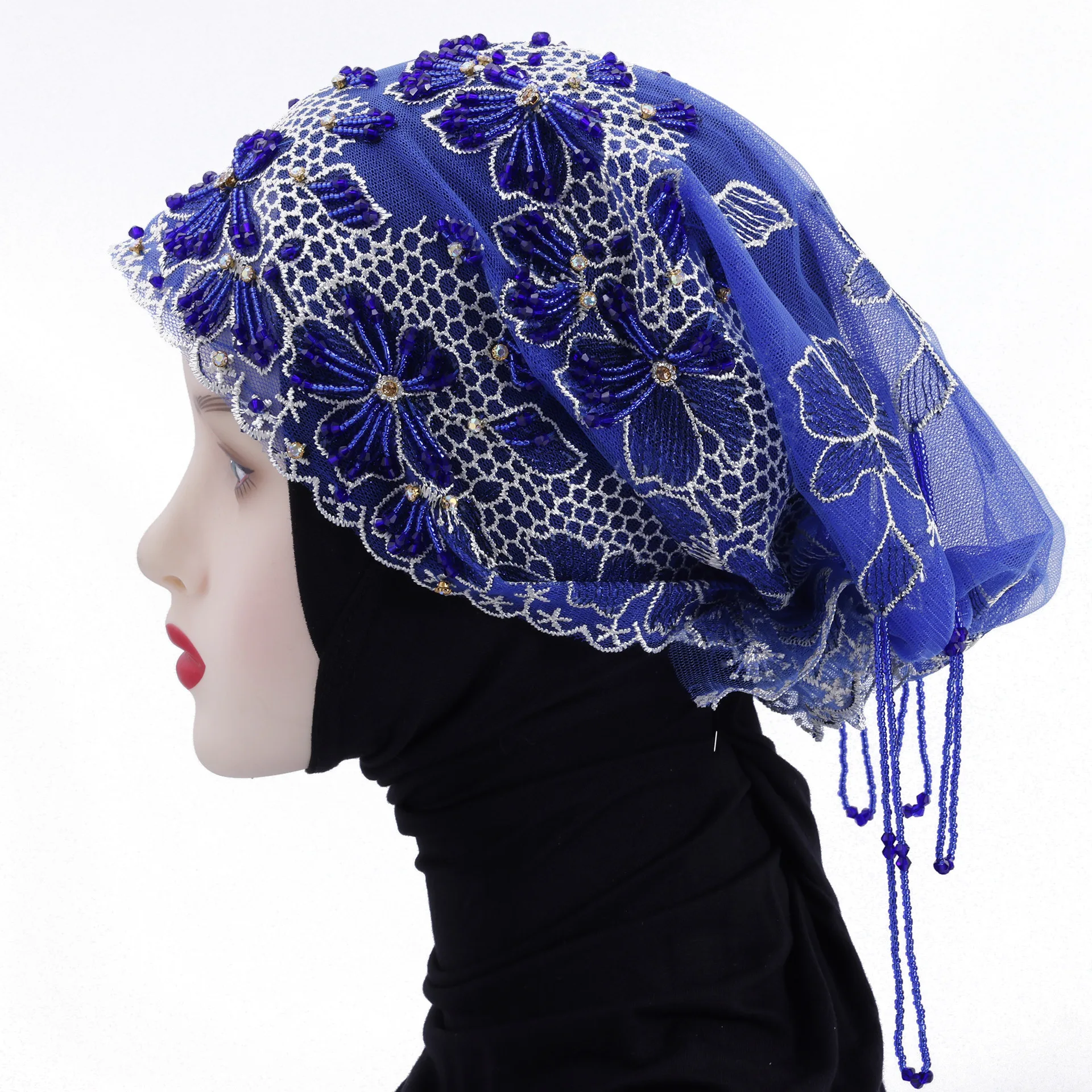

Mesh Embroidery Tassel Beads Underscarf Women Muslim Hijab Wedding Party Headscarf Beanies Bonnet Ninja Inner Hat Chemo Cap Arab