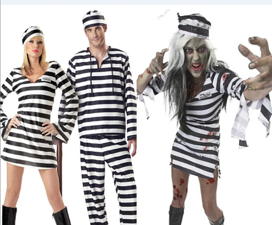 زي السجين المخطط للأزواج في الهالوين مع الأصفاد، زي الجثة والدمية الميتة والزومبي، زي السجين، مقاسات كبيرة، زي مسرحي عرقي #5