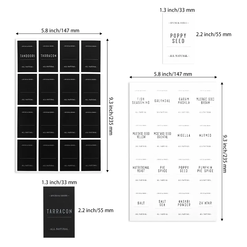 7 Sheets Minimalist Spice Label Set Black Text on Vinyl Waterproof Label Sticker with Removable Adhesive Square Seasonings Label