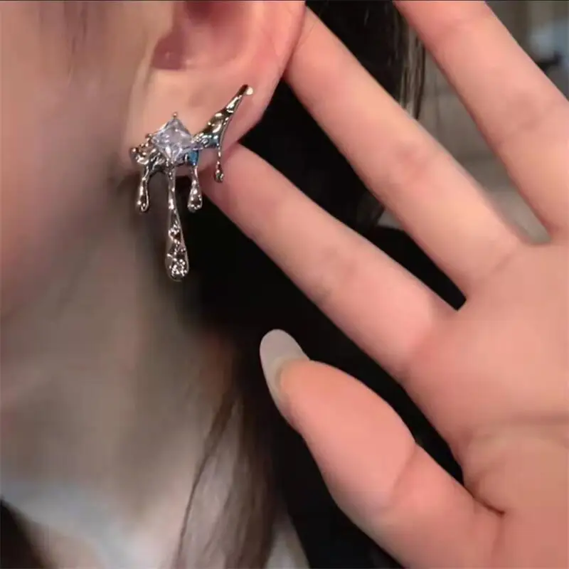 Korean Water Drop Zircon Earrings for Women Lava Earrings Tidal Cold Light Wind Silver Color Needle Jewelry Gift