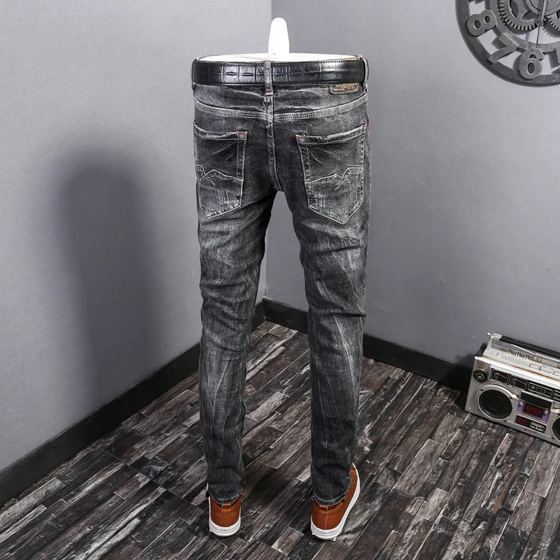 Streetwear Fashion Men Jeans Retro Black Gray Elastic Slim Ripped Jeans Men Trousers Vintage Designer Casual Denim Pants Hombre