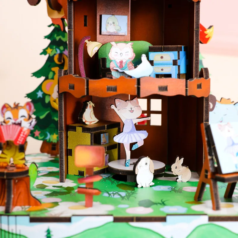 Caja de música de bosque de animales de madera 3D DIY, Kits de modelos en miniatura, rompecabezas que se puede mover para amigos, regalos de cumpleaños, decoración del hogar