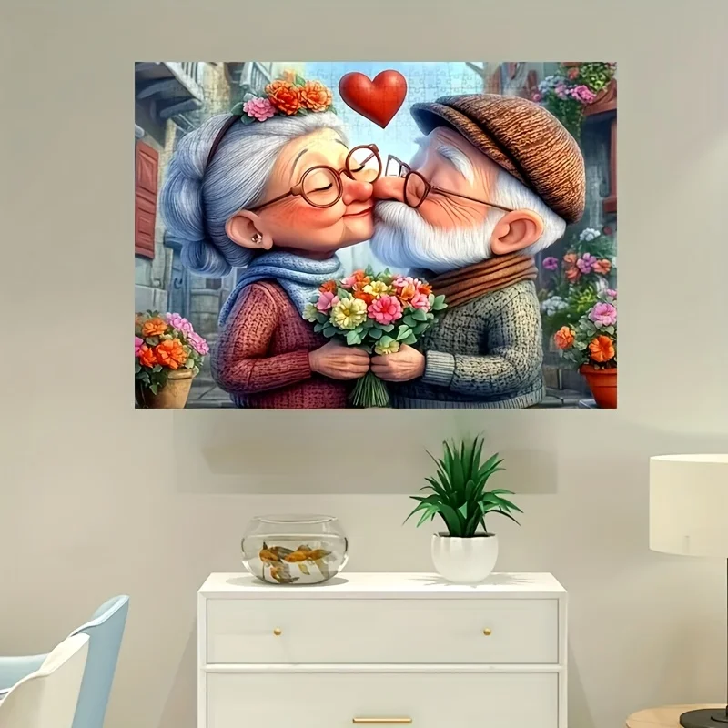 1000pcs Grandparents' Love Puzzle Game - Romantic Elderly Couple'S Kiss with Floral Background, DIY Fun & Family Interactive A
