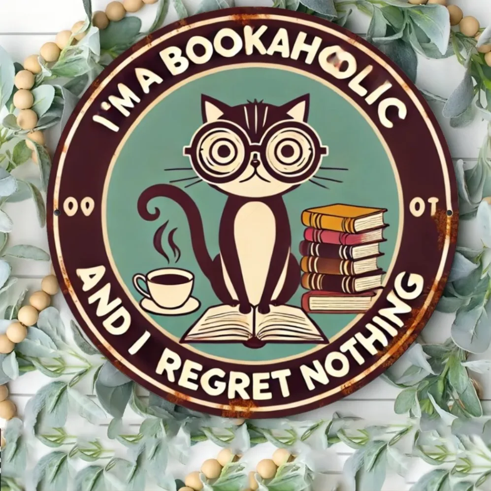 

1pcBookaholic Regret Nothing Cat Metal Sign-Vintage Circular Iron Wall Art Decor for Cafe,Kitchen-Flat Print Tin Hanging Picture