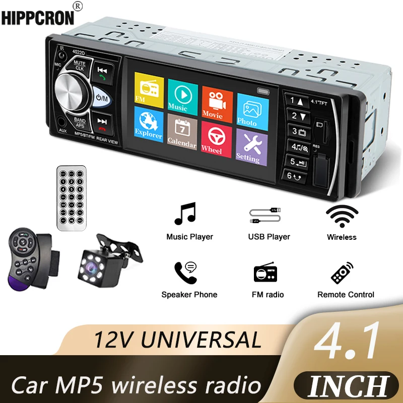 -hippcron-41インチカーラジオ-1-din-bluetoothステレオオーディオサポート-fm充電-リアカメラ-ステアリングホイールコントロール-12v-ユニバーサル