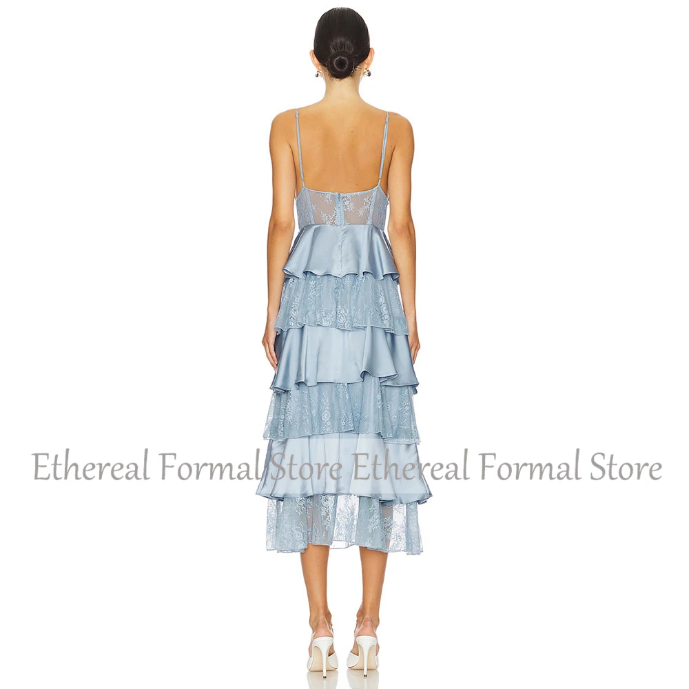 Gaun Malam Renda Seksi Modern Gaun Prom Formal Wanita A Line Gaun Pesta Tali Spaghetti Gaun Ruffles Berjenjang Panjang Teh