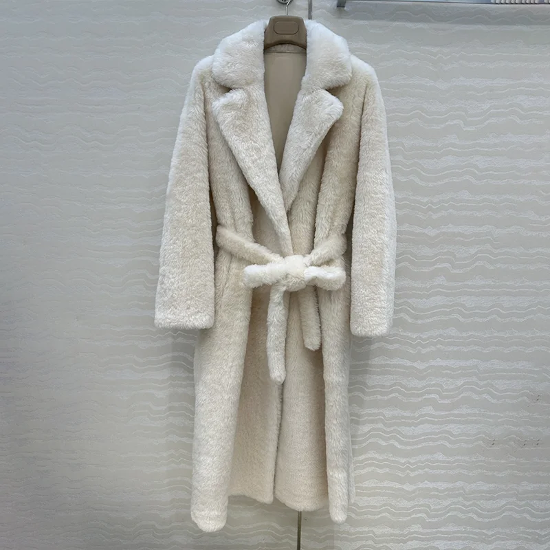 معطف صوف طويل للسيدات من الجلد الداخلي الأنيق على الطراز الكوري عالي الجودة مع ربطة خصر ملابس نسائية شتوية 25110804 #2