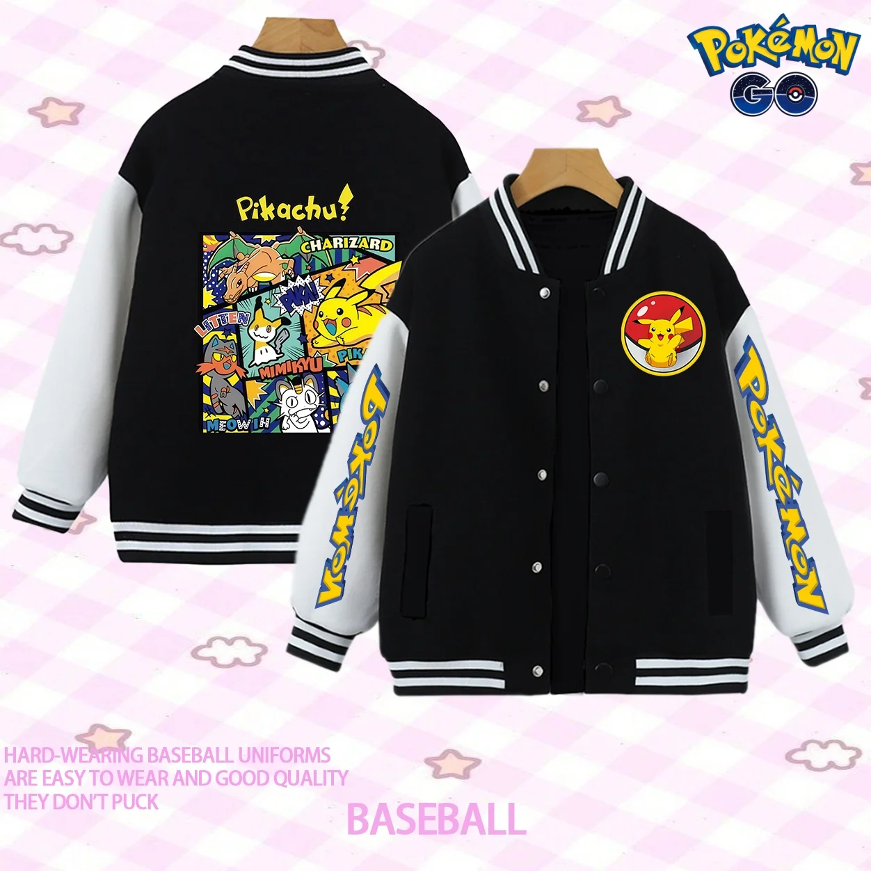 

Fashion Hot Pokemon Kids 2026 Autumn/Winter Pikachu Printed Thick Warm Coat for Boys and Girls Aged 2-14 Youth Baseball Uniform