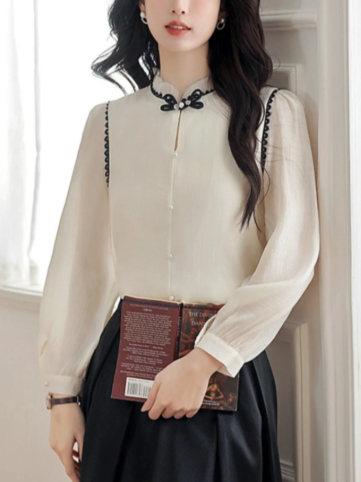 

Elegant Chinese Style Long Sleeve Women's Shirt Spring Autumn Winter New Fashionable Small Top Quality Chiffon Top