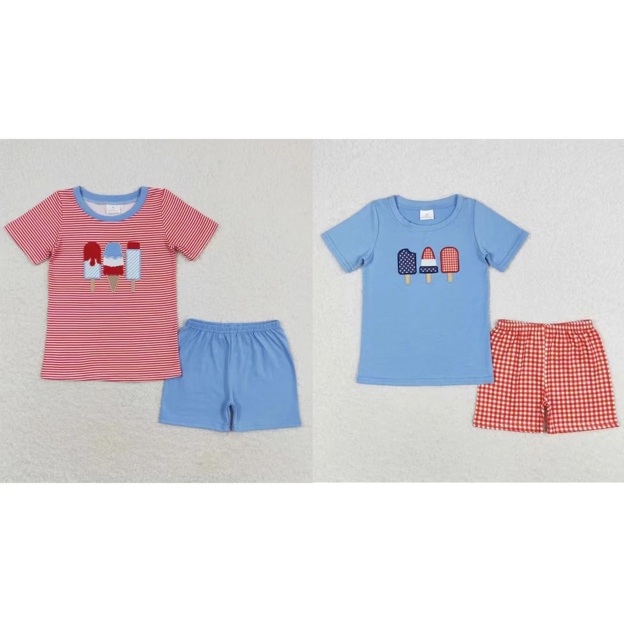 

Wholesale Baby Boy July 4th Set Children Toddler Short Sleeves Embroidery Popsicles T-Shirts Kids Infant Shorts Summer Outfit