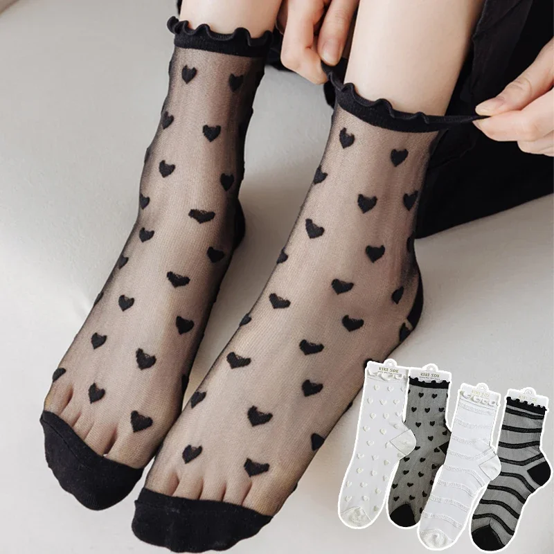 Lolita Invisible Socks Women Girls Summer Silk Lace Socks Crystal Silk Love Heart Ankle Socks Black White Transparent JK Sock