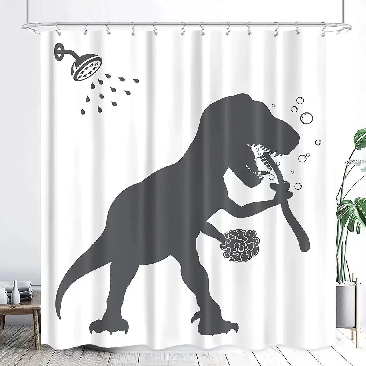 Funny Dinosaur Shower Curtains Dino Shower Curtain For Kids Boy Raptor Silhouette Black White Cartoon Animal Home Bathroom Decor