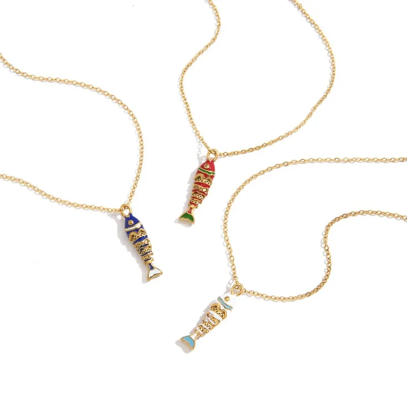 

Minar Bohemia Mix Color Enamel Metallic Fish Pendant Necklaces for Women 18K Gold PVD Plated Stainless Steel O-chain Chokers