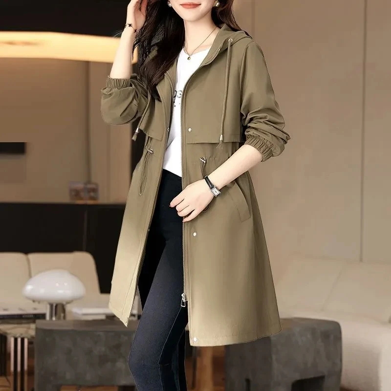 

High-End Casual Windbreaker women's Overcoat Spring Autumn 2024 Autumn New Fashion Long Hooded Trench Coat Outwear Casaco