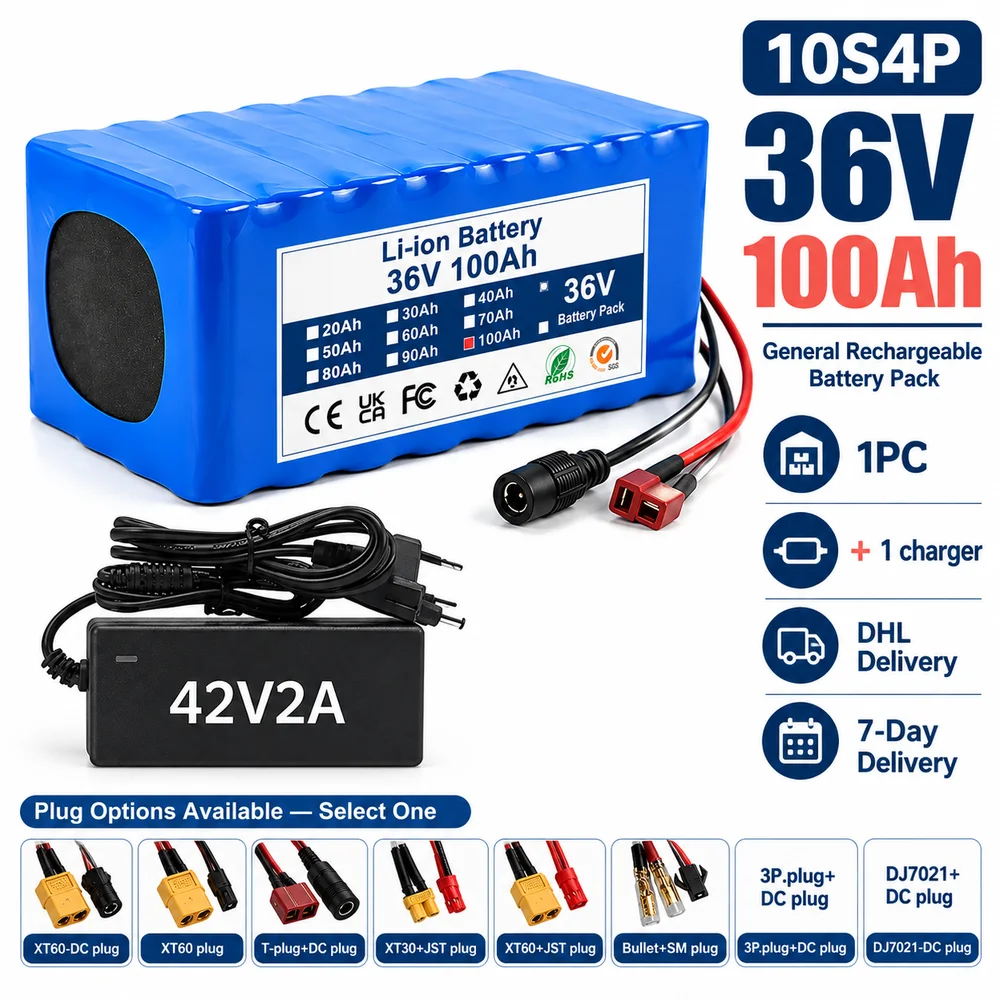 Pacco batteria Li-ion 36V 100Ah 10S4P con connettore XT60-DC selezionabile, connettore XT60, connettore T+DC, connettore XT30+JST, connettore XT60+JST, connettore Bullet+SM, connettore 3P+DC e