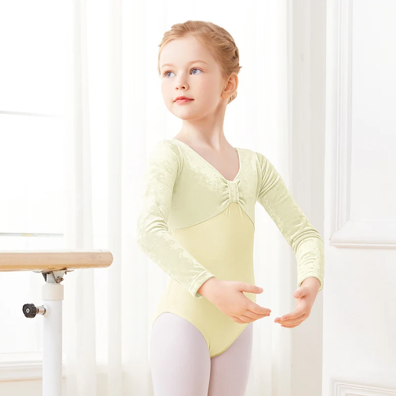 Kids Girls Ballet Leotards Long Sleeve Velvet Splice Dance Bodysuits Nylon Warm Ballet Dance Costumes