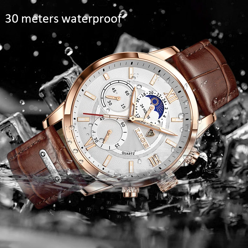 2024 lige Uhren Herren Top Marke Luxus uhr lässig Leder 24 Stunden Mondphase Männer Uhr Sport wasserdichte Quarz Chronograph Box