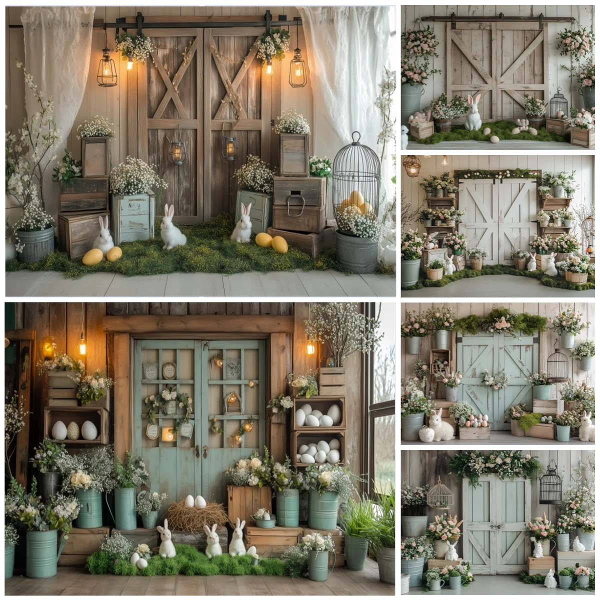 Rustic Easter Photo Booth Backdrop Wood Door Bunny Floral Decor Farmhouse Spring Party Theme Photo Studio Background Decoration