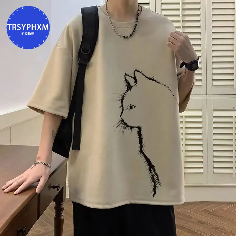 

White T -shirt Men's Summer Large -size Short -sleeved Advanced Cat Printing Five -point Sleeve Top