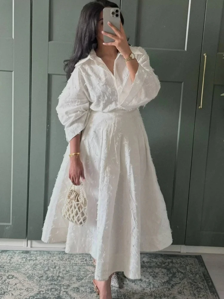 

Trendy Women's Shirt Skirt Suit Long Sleeve Turn-Down Collar Solid Lady Set New Spring Summer Casual 2 Pieces Set Women Vestido