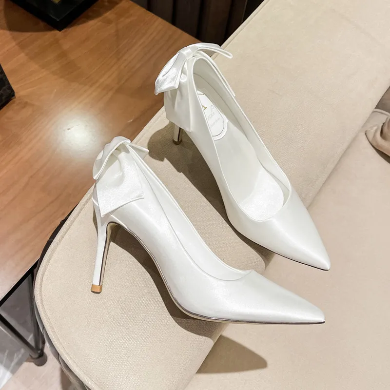 

French Fashion New High Heel Pointed Bow Wedding Shoes Bride Women's Shoes