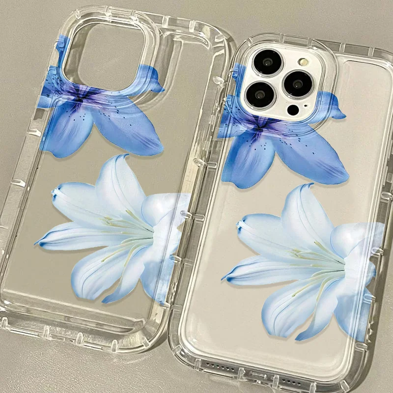 Custodia per telefono trasparente per iPhone 16 Pro 17 11 13 15 12 14 Pro Max 17 Air 16E XR 7 8 Plus SE 2022 Cover antiurto fiore di giglio blu