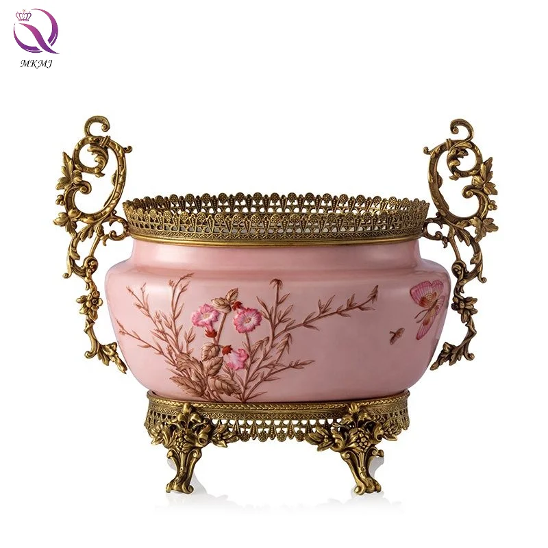 

European retro brass carved flower pot large pink ceramic vase exquisite antique home decoration porcelain flower pot