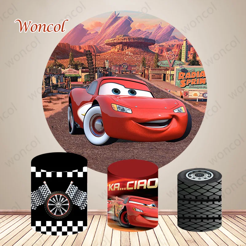 

Disney Cars Mcqueen Round Backdrop Boy Birthday Backdrop Baby Shower Racing Car Themed Round Cylinder Cover Decorations Prop