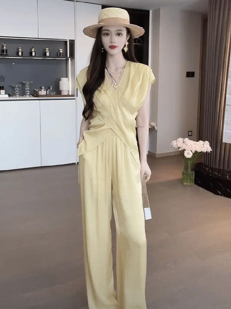 

New Fashion Summer Two Piece Sets Women Chiffon V-neck Cross Design Casual Blouse Top + Wide Leg Pants Elegant Holidays Outfits