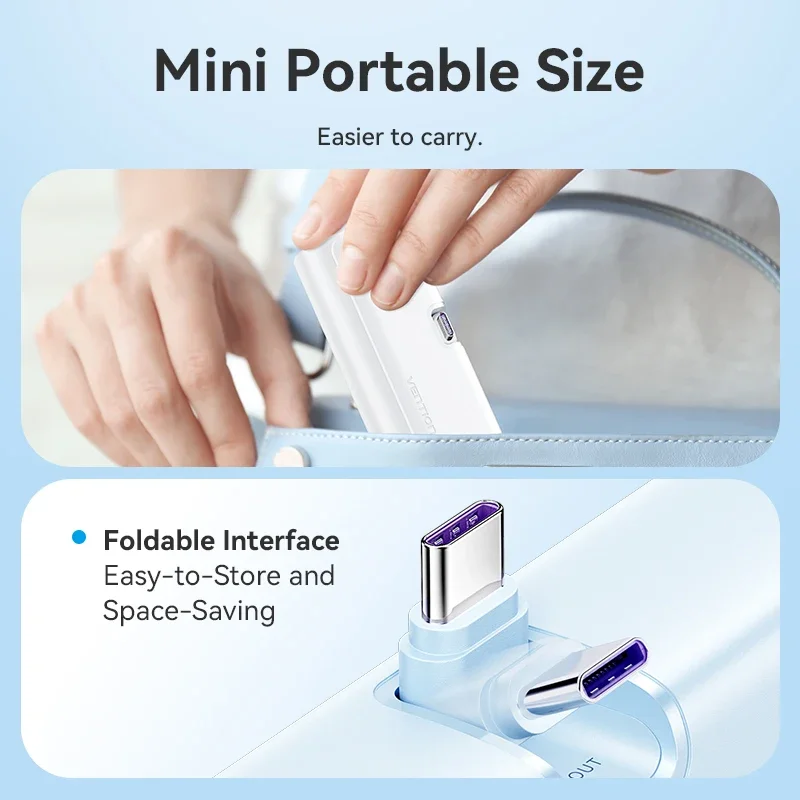 Vention بنك طاقة صغير 4800 مللي أمبير 22.5 واط نوع C PD شاحن سريع بطارية احتياطية خارجية باور بانك محمول لهاتف آيفون وسامسونج وشاومي