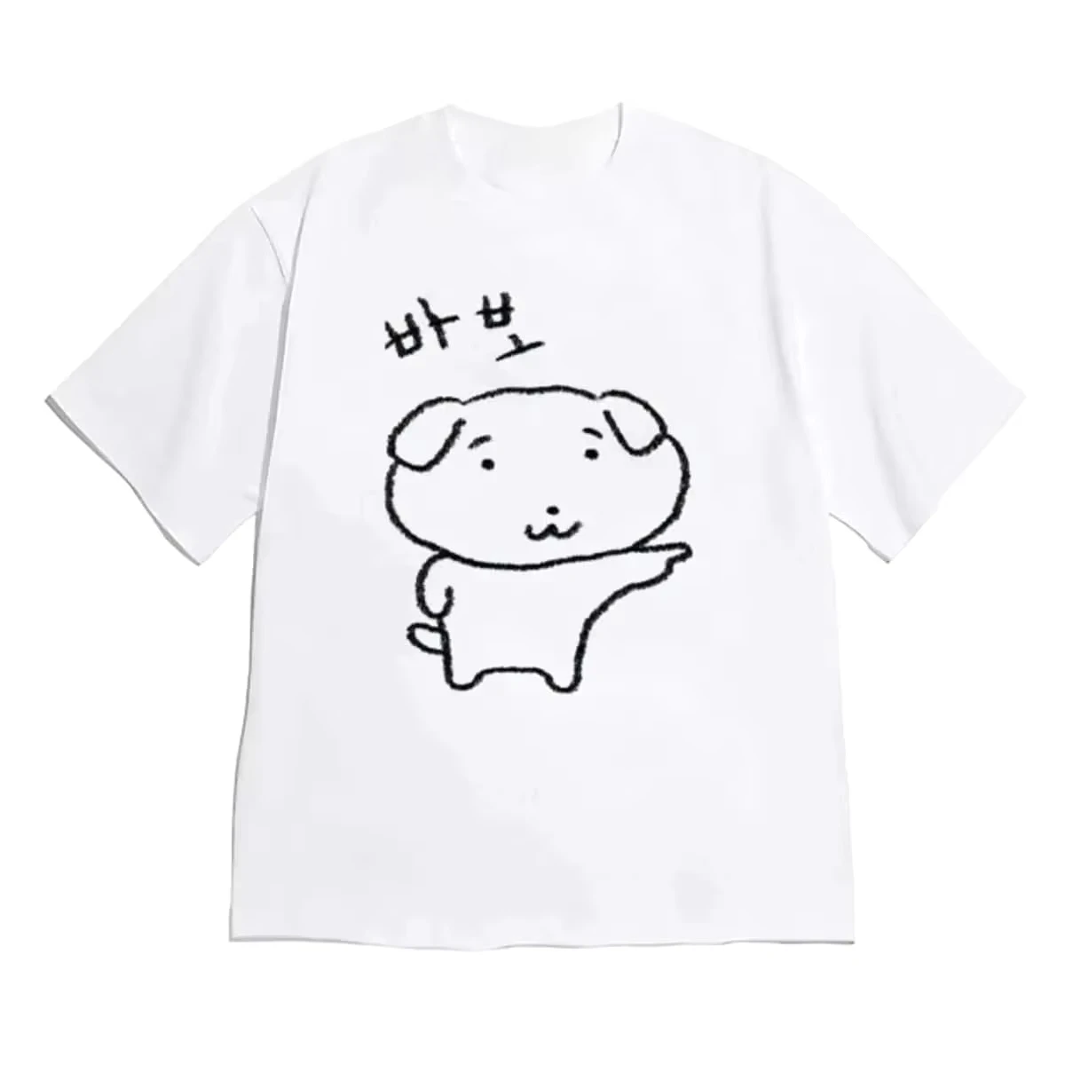 2026 Simple Sketch Puppy Korean Hangul Letter Print Shirt Women Short Sleeve Kawaii Aesthetic T Shirt