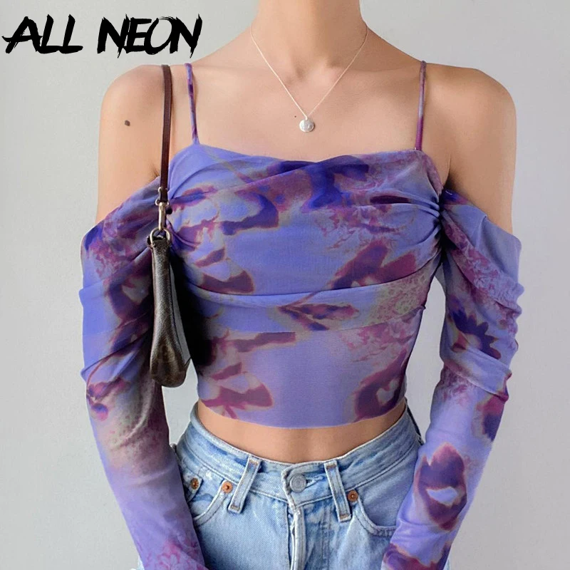 

ALLNeon 2000S Aesthetic Mesh Sheer Crop Tops Fairy Print Long Sleeve T-shirts Women Elegant Blouse Chic Y2K Off Shoulder T-shirt