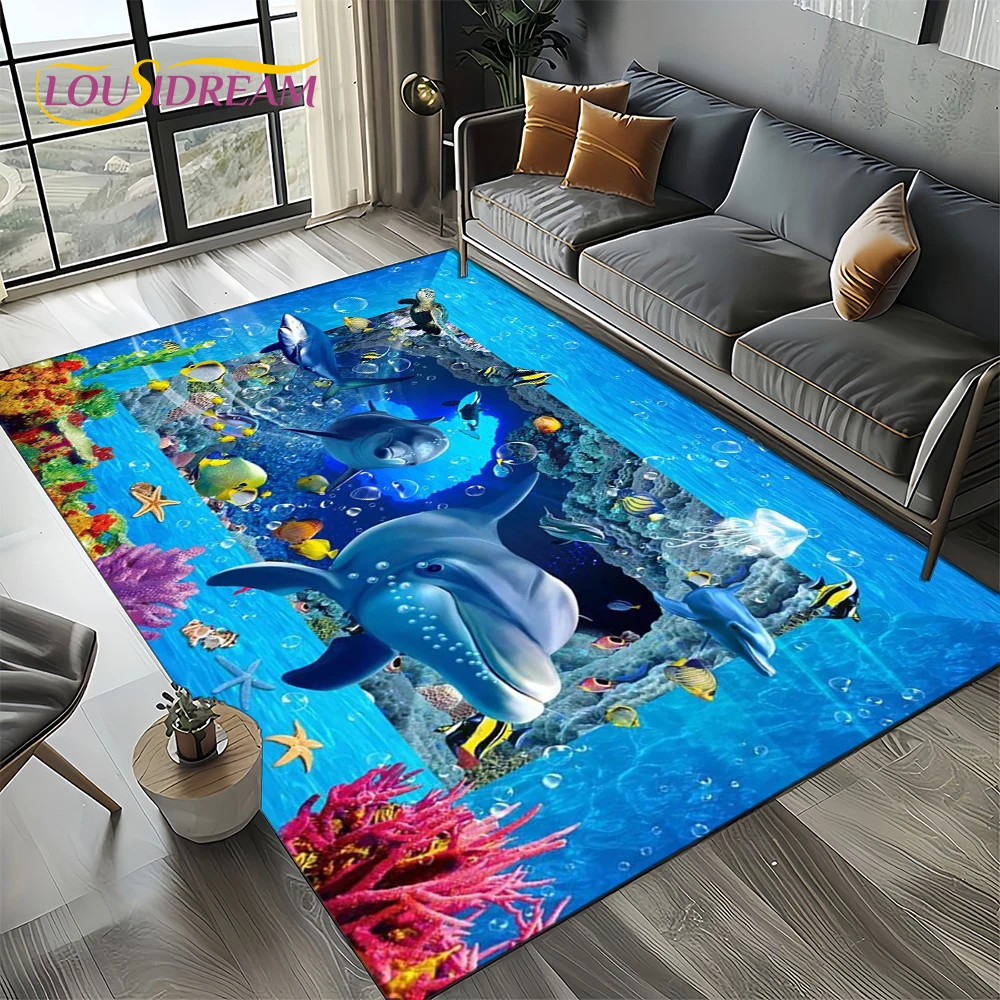 Underwater World 3D Illusion Seabed Cartoon Shark Dolphin Carpet Rug for Living Room Bedroom Home Sofa Decoration,Floor Mat Kid