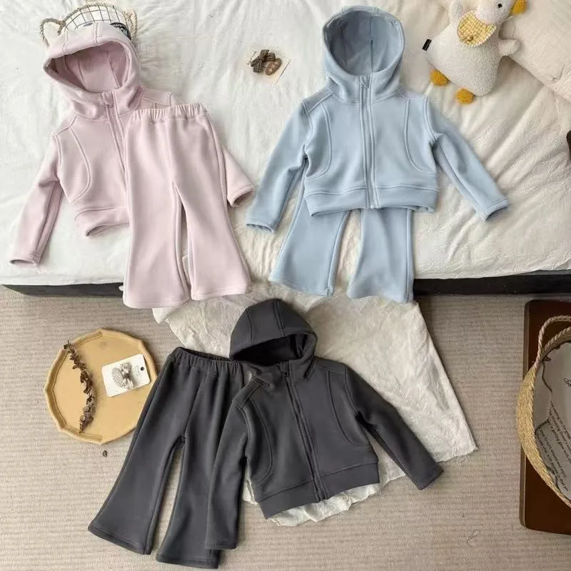 

Girl's Autumn Winter Models Korean Department Matching Splicing Solid Colour Suit female Baby Hooded Zip Top Two-piece Set Tide