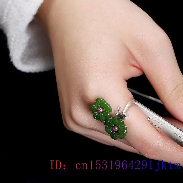 Green Jade Flower Rings Adjustable Ring Gift Chinese Women Jewelry Real Amulet Charm 925 Silver Natural Gemstones Amulets