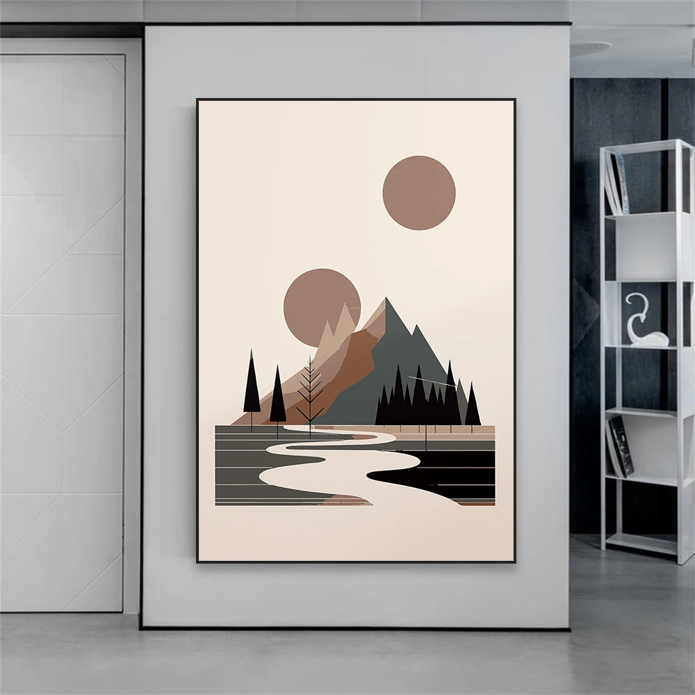 Landscape Print Abstract Nature Scandinavian Poster Minimalist Geometric Scene of Mountains and Forest Canvas Painting Decor