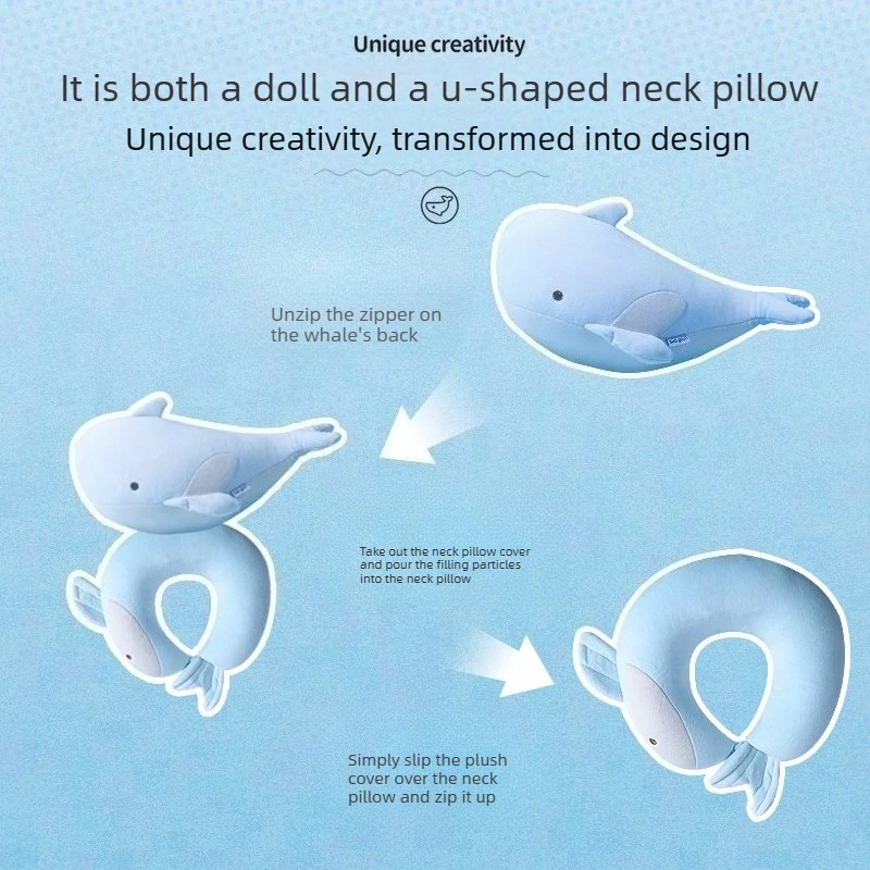 Cute Whale 2 in 1 U-shaped Neck Pillow Microbeads Travel Pillow Portable Travel Accessories Multifunctional Pillow